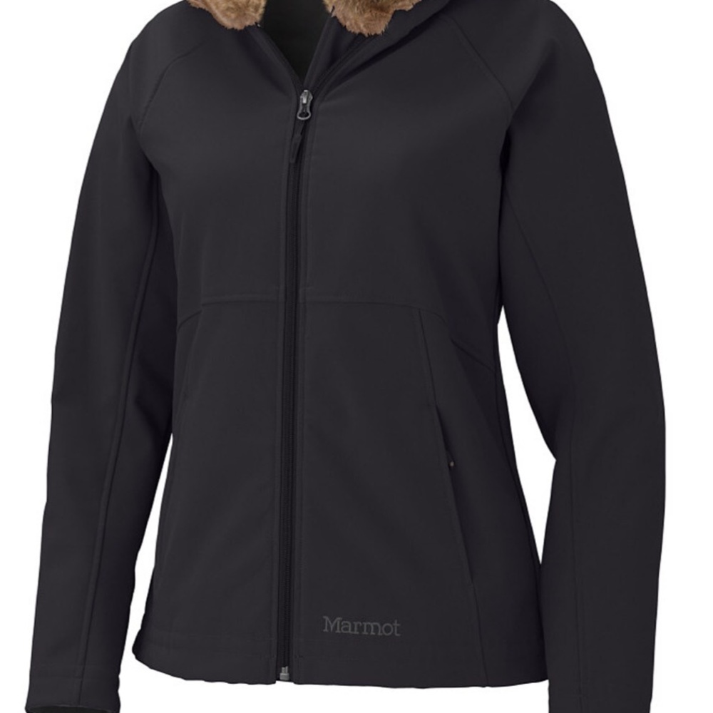 Marmot Soft Shell Furlong Jacket Fur Hood size medium black, fur chestnut brown - Picture 8 of 15